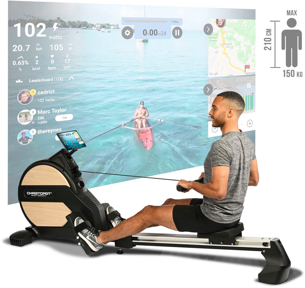 Christopeit Roeitrainer opklapbaar - LED - 32 weerstandsstanden - 150kg + 210cm - Vico zwart (4044163050959)