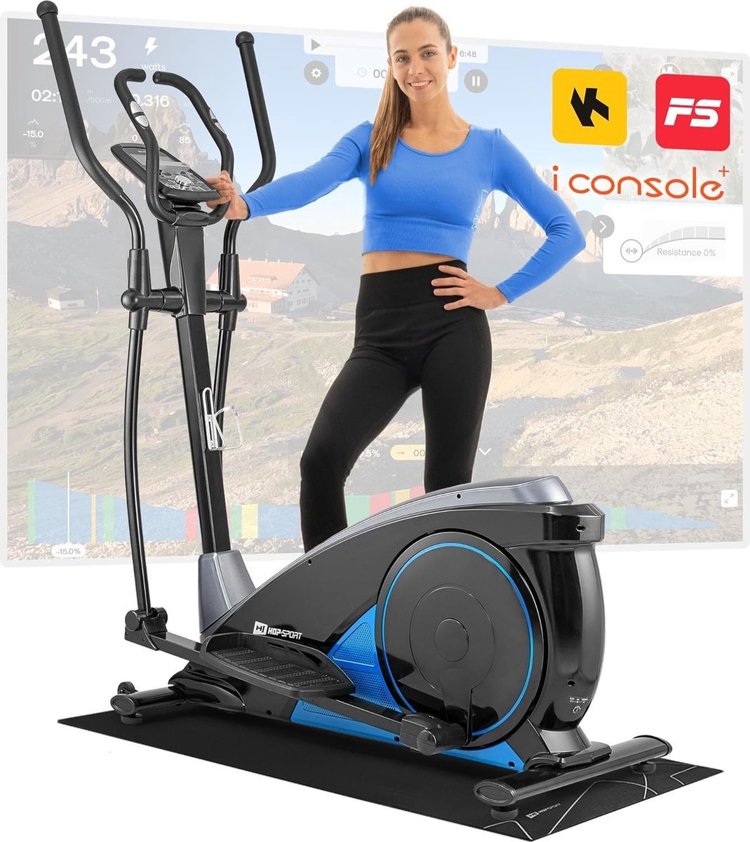 Hop-Sport Crosstrainer HS-060C voor Thuisgebruik - Fitness Crosstrainer met App-Bediening, HRC-Functie, 16 Verstelbare Weerstandsniveaus, Stil Magnetisch Systeem, Max. Gebruikersgewicht 150 kg, Blauw (5902308220034)