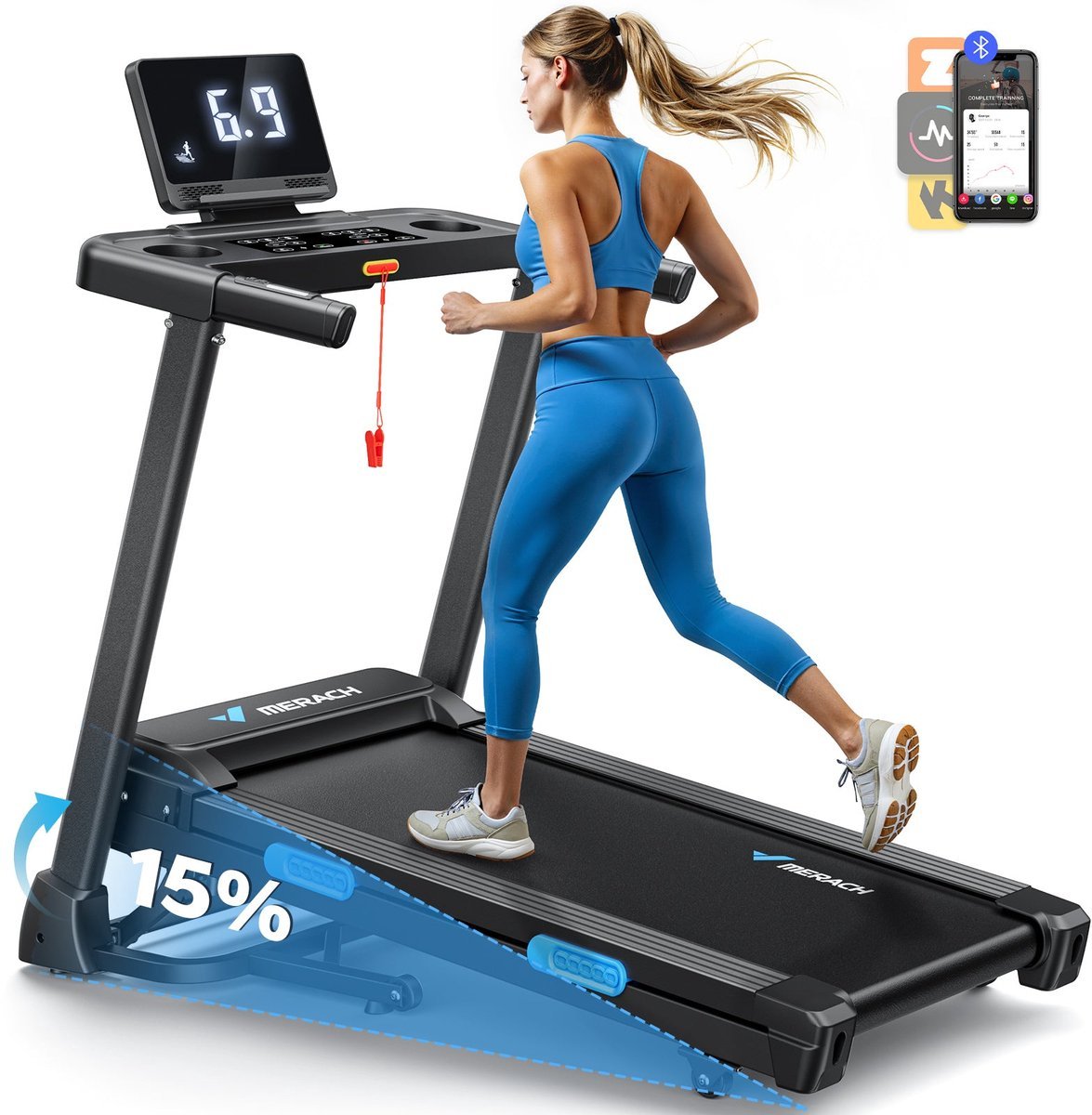 MERACH Opvouwbare loopband - Elektrische helling 15% - Snelheid 0.8-12 km/h - Motor 1.25CHP - Bluetooth APP Verbonden (6978235145497)