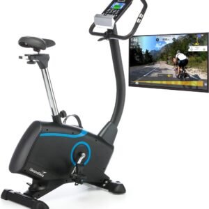 Skandika Atlantis Hometrainer Fiets - Hometrainers - Hometrainer Ergometer met app-bediening (Kinomap, iConsole), Bluetooth, 10kg vliegwielmassa, hartslag- en lichaamsvetmeting, 32 niveaus, geluidsarm, transportwielen, tot 150 kg - zwart (4260300446403)