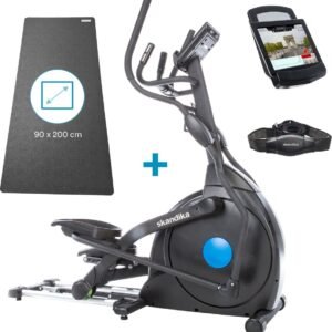 Skandika CardioCross Carbon Champ Elliptische Crosstrainer met beschermingsmat - Crosstrainers - Cardio trainer met 24,5kg vliegwielmassa en magnetisch remsysteem - Multifunctionele computer, Bluetooth, tablethouder, Kinomap - Tot 150kg - zwart (4260651213709)