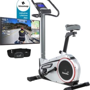 Skandika Morpheus Ergometer - Hometrainer - Ergometer, 12 kg vliegwielsysteem, 32 niveaus, 15 programma's, app compatibel met Kinomap, hartslagband, tablethouder - Indoorfiets tot max. Gebruikersgewicht 150 kg - 117x67x162cm (LxBxH) - zilver/zwart (4262393512034)