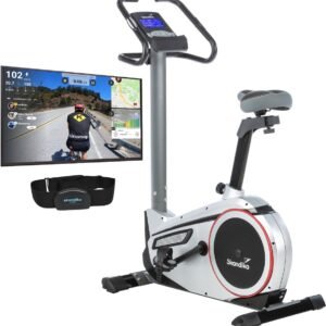 Skandika Morpheus Hometrainer Fiets - Hometrainer fitness - Hometrainer ergometer fitnessbike, hometrainer met bediening en Street View functie, polsslagband, 32 instelbare weerstanden en multifunctionele computer met calorieverbruik - zwart/zilver (4260520877698)