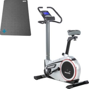 Skandika Morpheus Hometrainer Fiets SET - Hometrainer - Ergometer (117l x 67b x 162h cm) + Mat (60 x 120 cm) - Fitnessbike - Street View functie, polsslagband, 32 instelbare weerstanden, multifunctionele computer, calorieverbruik - zwart/zilver (4260709566177)