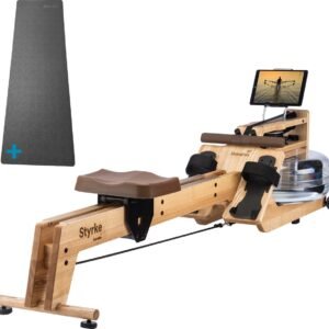 Skandika Styrke Roeitrainer SET - Roeitrainers - Roeiapparaat (211 x 54 x 47cm) + Mat (65 x 230cm) - Echt essenhouten waterroeier, regelbare waterweerstand, waterroeiapparaat thuis, gebruiker tot 200 cm/180 kg - Made in Germany - klassiek hout/bruin (4262393517329)