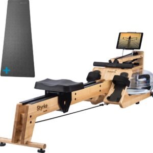 Skandika Styrke Roeitrainer SET - Roeitrainers - Roeiapparaat (211 x 54 x 47cm) + Mat (65 x 230cm) - Echt essenhouten waterroeier, regelbare waterweerstand, waterroeiapparaat thuis, gebruiker tot 200 cm/180 kg - Made in Germany - klassiek hout/zwart (4262393517305)