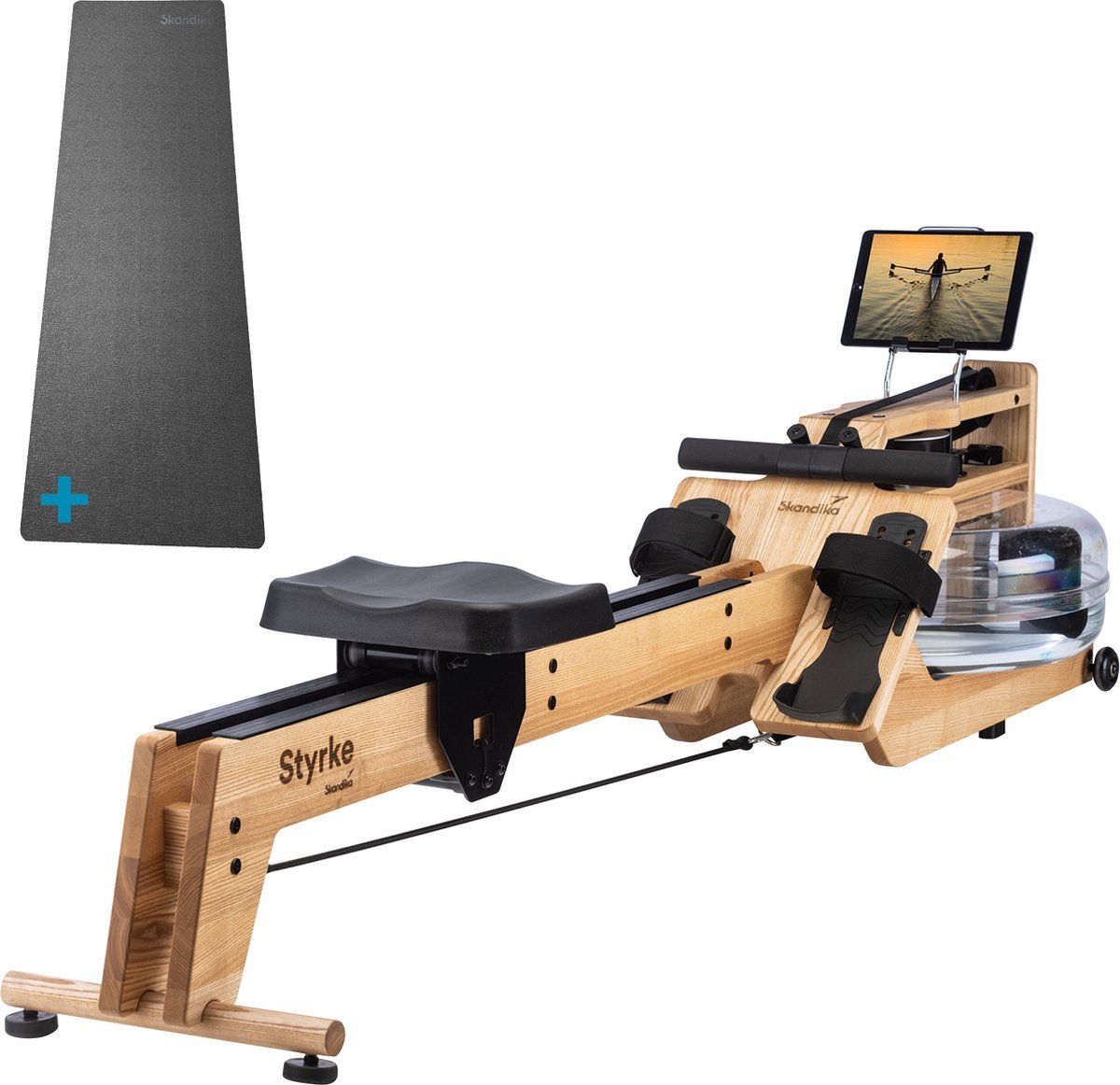 Skandika Styrke Roeitrainer SET - Roeitrainers - Roeiapparaat (211 x 54 x 47cm) + Mat (65 x 230cm) - Echt essenhouten waterroeier, regelbare waterweerstand, waterroeiapparaat thuis, gebruiker tot 200 cm/180 kg - Made in Germany - klassiek hout/zwart (4262393517305)