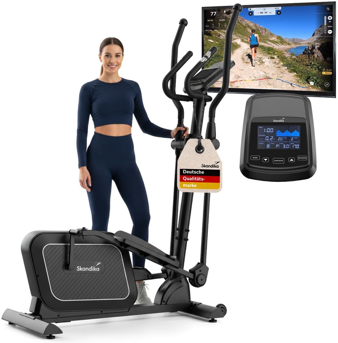 Skandika crosstrainer voor thuis Fint P8-R - Stille hometrainer, 32 standen, 22 programma's, tot 120 kg, compatibel met Kinomap app, 8 kg vliegwiel, elliptische trainer | Ellips crosstrainer fitness sport (4262450464344)