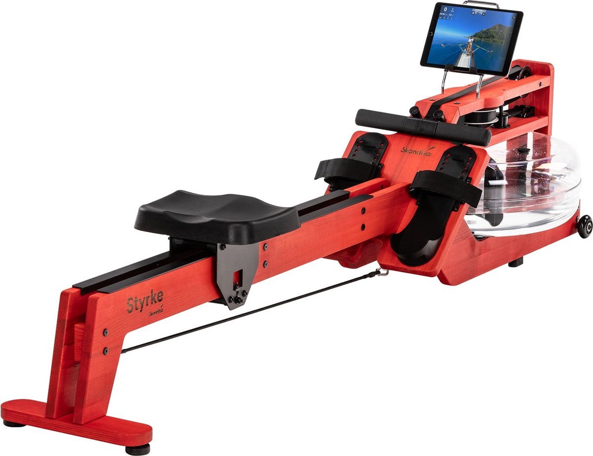 Skandika waterroeier Styrke Premium - Made in Germany, roeimachine water van hout, Kinomap app-functie, roeitrainer voor thuis, essen uit Duitsland, rood gekleurd geolied, tot 180 kg (4262393517749)