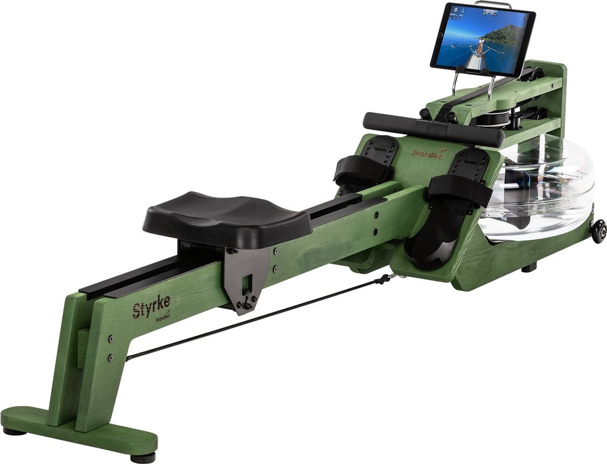 Skandika waterroeier Styrke Premium - Made in Germany, roeimachine water van hout, Kinomap app-functie, roeitrainer voor thuis, essen uit Duitsland, rood gekleurd geolied, tot 180 kg (4262393517978)