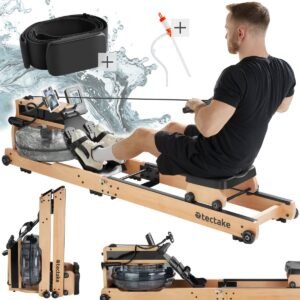 tectake® Houten Roeimachine - Opvouwbare Roeitrainer met 6 Weerstand Standen - Home Gym - Workout Roeiapparaat - Met Trainingscomputer en Borstband - Bluetooth en Kinomap-app compatibel - Draagkracht tot 150kg (4061173278081)