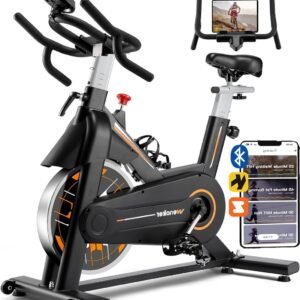 Hometrainer - Fitnessfiets - Binnenfiets - Spinbike - Fiets - Stille Riemaandrijving - Zwaar Vliegwiel - Verstelbaar Zadel - Digitaal Display - Zwart Oranje (8721391522361)
