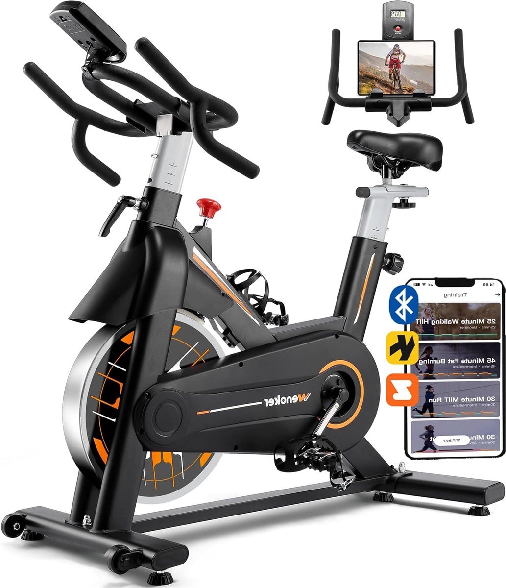 Hometrainer - Fitnessfiets - Binnenfiets - Spinbike - Fiets - Stille Riemaandrijving - Zwaar Vliegwiel - Verstelbaar Zadel - Digitaal Display - Zwart Oranje (8721391522361)