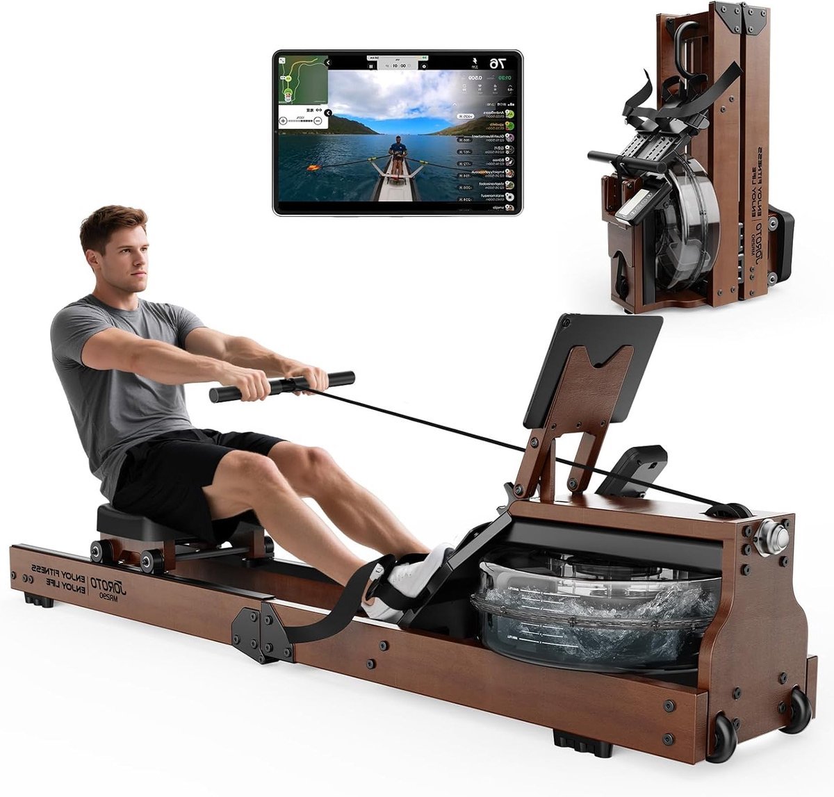 Roeitrainer - Roeimachine - Fitnessapparaat - Waterroeier - Homegym - Houten Design - Realistische Waterweerstand (8721391522262)