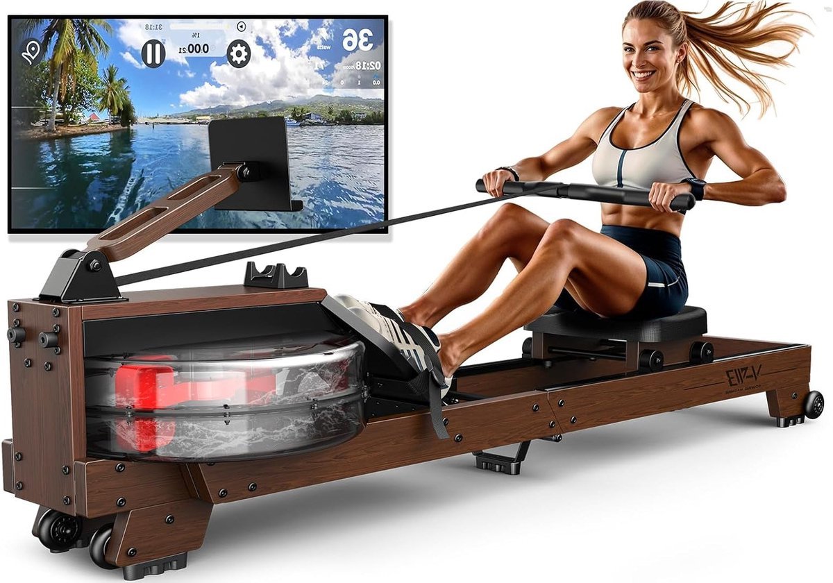 Roeitrainer - Roeimachine - Waterroeier - Houten Roeitoestel - Fitnessapparaat - Massief Hout - Bluetooth Monitor - Opvouwbaar - Geschikt voor 1,20-2m - Max. 175 kg belastbaar (8721391522644)