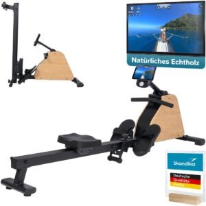 Skandika roeimachine voor thuis, inklapbaar Treliv P6 - Roeitrainer krachttraining, frame van ijzer met echt hout, magneetrem, 16 standen, 20 programma's, Bluetooth & compatibel met Kinomap app, tot 120 kg (4262450464450)