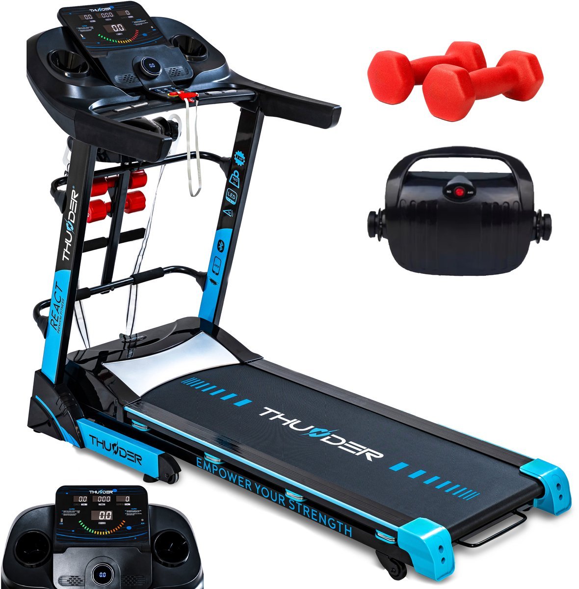 THUNDER® Loopband | REACT-DS-BLACK | Met Massagefunctie | Opvouwbaar en Geavanceerd | Sneltoetsen | Veiligheidssleutel | Transportwielen | Plaats voor bidon | Bluetooth | USB-poort | Trainingsprogramma's | Hellingshoek | (5904161751625)