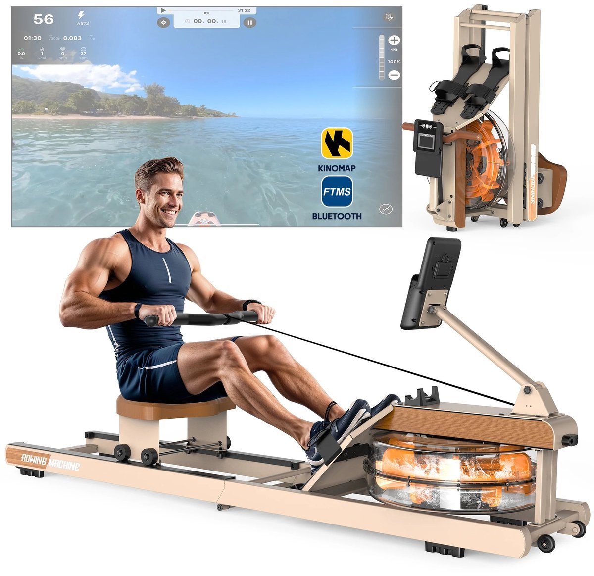 Norvia Inklapbare Roeimachine Met Waterweerstand - Opvouwbare Roeitrainer Voor Thuis - Telefoonhouder - Bluetooth - Max. 160 kg (8721527392172)