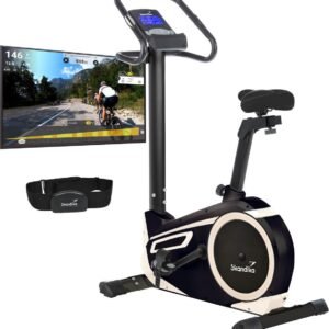 Skandika Morpheus Ergometer - Hometrainer - Ergometer, 12 kg vliegwielsysteem, 32 niveaus, 24 programma's, app compatibel met Kinomap, hartslagband, tablethouder - Indoorfiets tot max. Gebruikersgewicht 150 kg - 103x56x144cm (LxBxH) - beige/zwart (4260221086412)