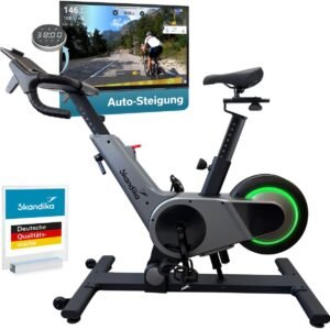 Skandika Spinning Bike Indoor Kliva 500-S - Hometrainer fiets SMART met LED, helling in 16 niveaus, magneetrem met 32 niveaus, 3 programma's, Bluetooth Kinomap app compatibel, tot 150 kg, speedbike (4262450464481)