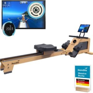 Skandika roeimachine voor thuis Torin P6-G - Roeitrainer krachttraining, met eigen aandrijving, frame van echt hout, magneetrem met 32 niveaus, Bluetooth & Kinomap app compatibel, opbergfunctie, tot 150 kg (4262450465006)