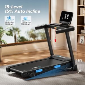 Loopband voor Thuis - Walking Pad - 2.5 PK Elektrische Loopband met Helling - 15% Automatische Incline - 12 km/u - Inklapbaar - Belastbaar tot 136 kg - Fitnessapparaat - LCD-Display - Hardlopen & Wandelen - Bureau Loopband - Compact - Zwart (8721541104607)