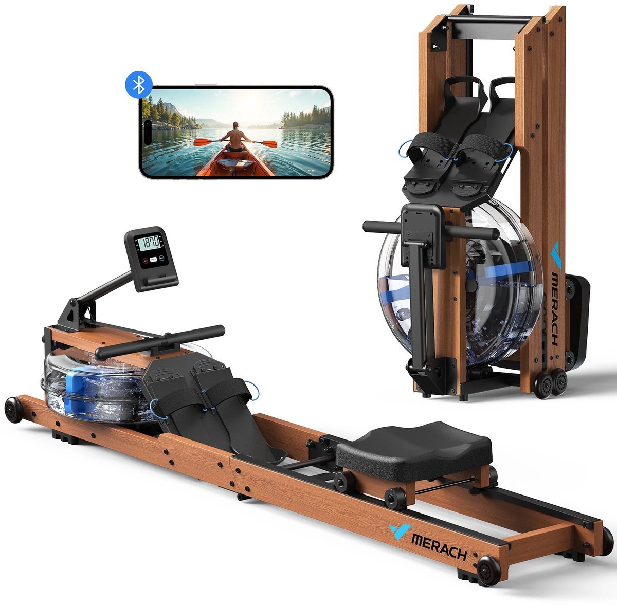 M-Goods - Roeimachine Waterweerstand - Opvouwbare Roeitrainer - Bluetooth App - Houten Roeimachine - Tot 180KG (8721586120495)