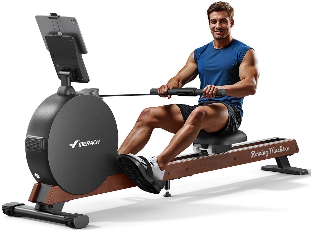 MERACH Roeitrainer van Echt Hout - Magnetische Weerstand 60kg - Zelfvoorzienend (Self-Powered) - Dubbele Rails - Automatische Weerstandaanpassing - Slimme App-bediening & Zelfopwekkende Stroom (6978235148368)