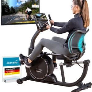 Skandika Ligfiets Ergometer Cykling P8-H Comfort - Hometrainer fiets met LCD-display, magneetrem, 16 weerstandsniveaus, tot 120 kg en 195 cm, Bluetooth, app-connectiviteit | Fitnessfiets voor thuis (4262450464245)