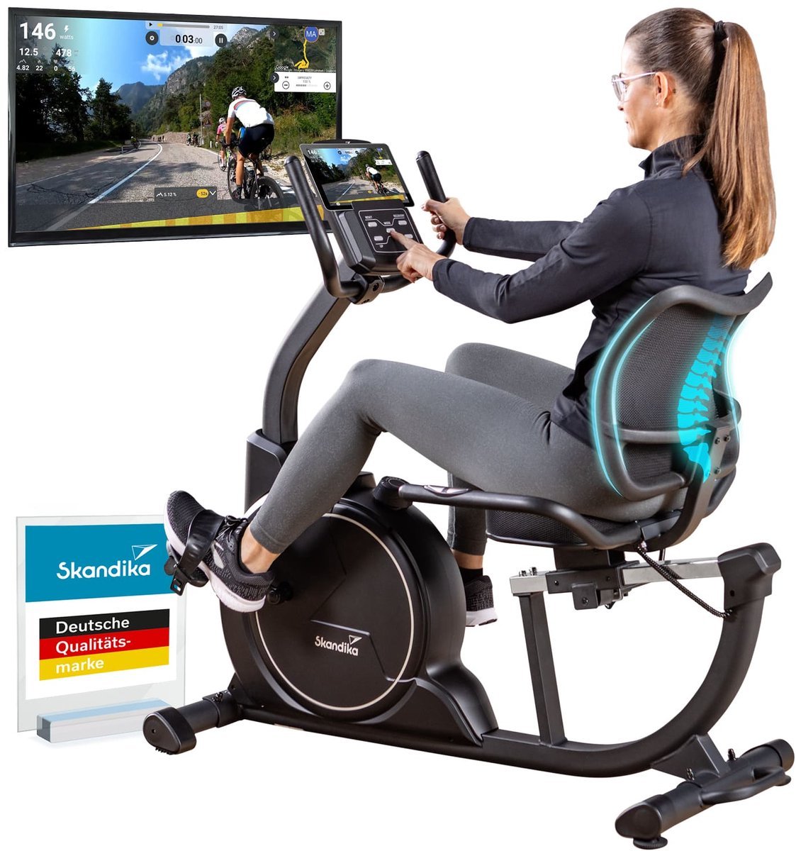 Skandika Ligfiets Ergometer Cykling P8-H Comfort - Hometrainer fiets met LCD-display, magneetrem, 16 weerstandsniveaus, tot 120 kg en 195 cm, Bluetooth, app-connectiviteit | Fitnessfiets voor thuis (4262450464245)
