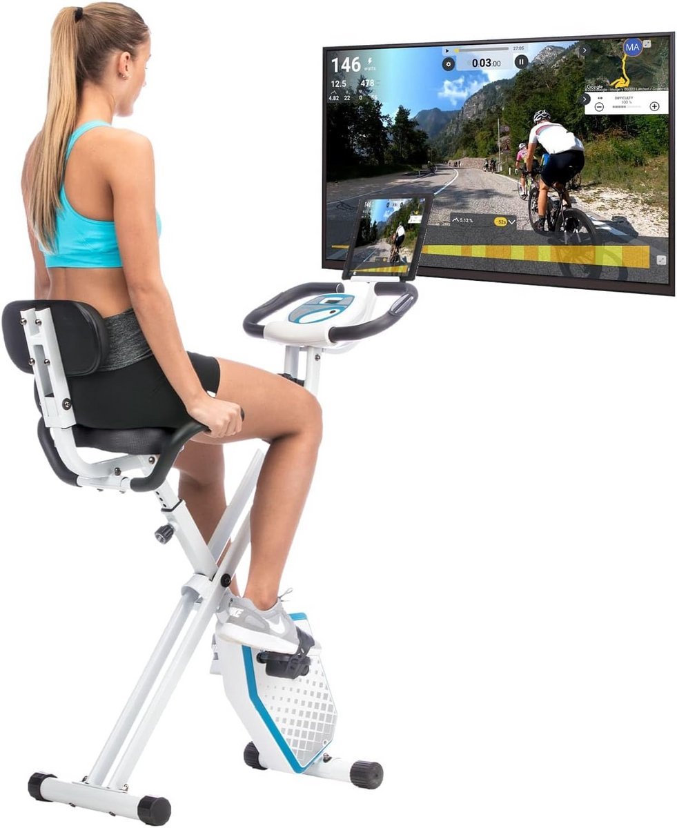 Fitnessfiets Hometrainer - Indoor Fiets - Conditie Verbeteren - Inklapbaar Met Rugleuning - 18.6 kg - Wit Blauw (9101300789181)