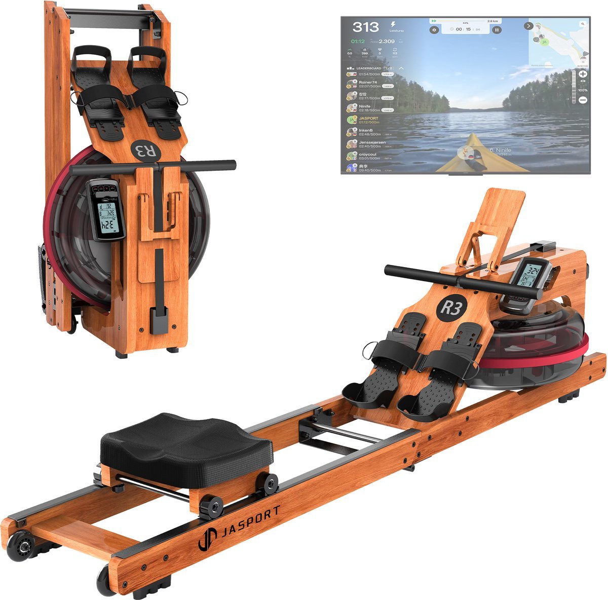 JASPORT R3 Opvouwbare Roeitrainer van FSC-gecertificeerd Eikenhout met Waterweerstand - Compatibel met Kinomap, Kersenhoutkleur (0749874545896)
