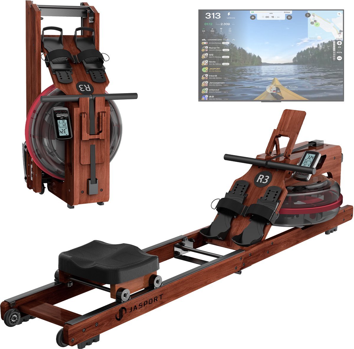 JASPORT R3 opvouwbare roeitrainer met waterweerstand - houten roeimachine voor thuis, Bluetooth, Kinomap en 150 kg - Sapele-kleur (0792105313146)