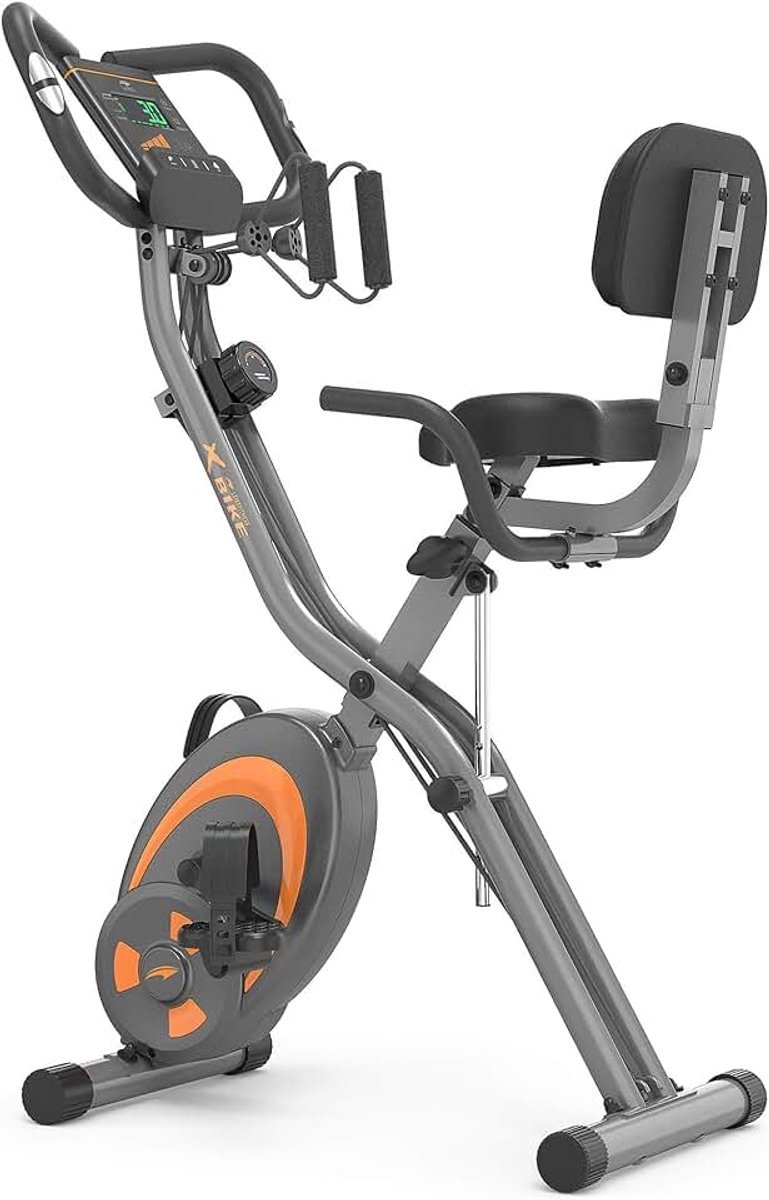 Leikefitness Fietstrainer, inklapbare hometrainer, fitnessfiets, multifunctionele ergometer, fitnessapparaat voor thuis met 12-traps weerstand, hartslagmeter, trekbanden, voor cardio (2940030819112)