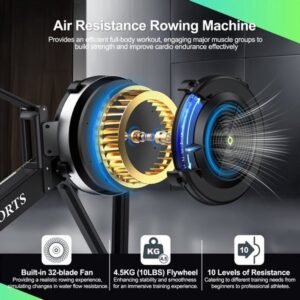 Roeimachine - Roeitrainer - Roeiapparaat - Fitness Roeimachine - Air Resistance Rowing Machine - 10 Weerstandsniveaus - Draadloos Smart Display - Inklapbaar - Max 160 kg Belastbaar (8721576194468)