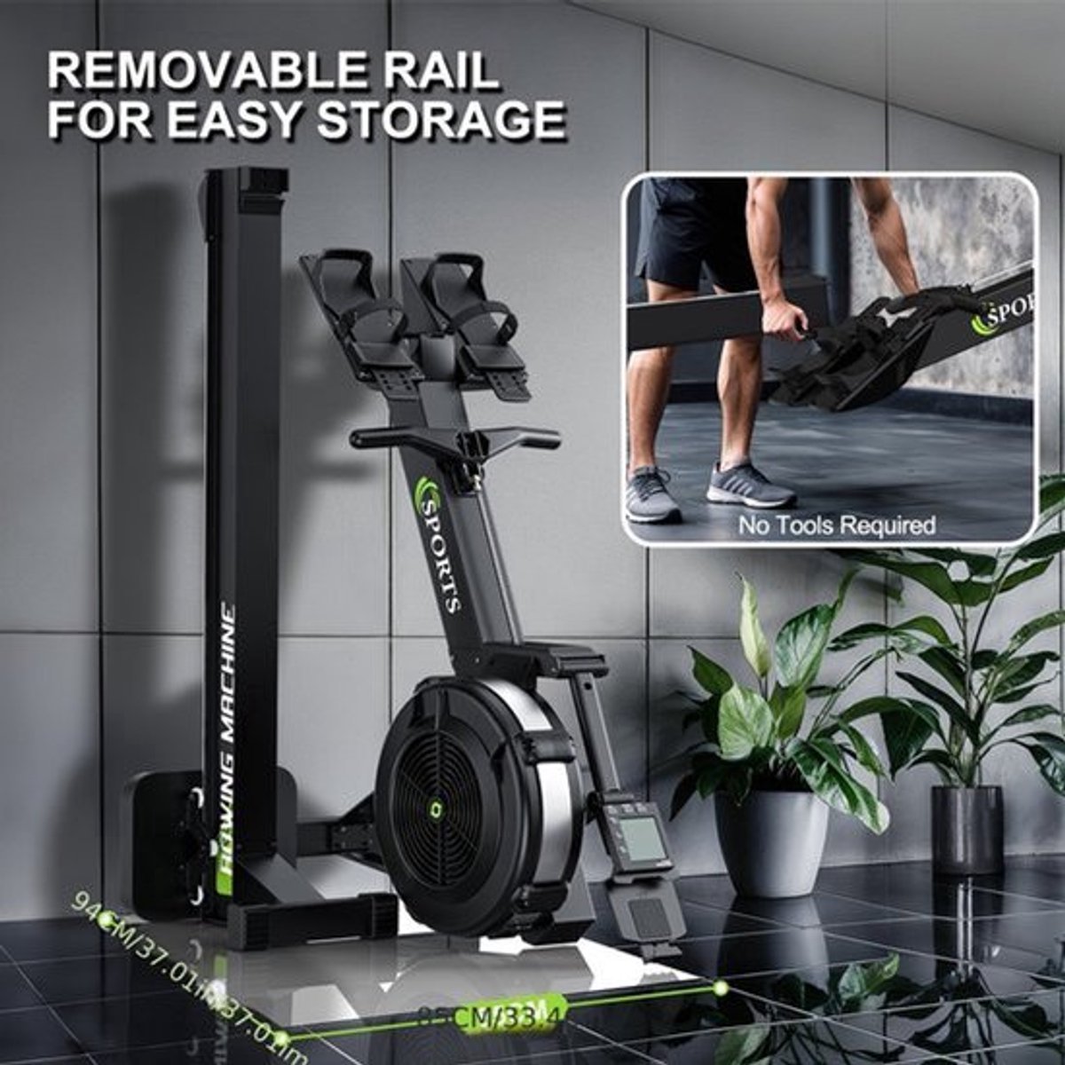 Roeimachine - Roeitrainer - Roeiapparaat - Fitness Roeimachine - Air Resistance Rowing Machine - 10 Weerstandsniveaus - Draadloos Smart Display - Inklapbaar - Max 160 kg Belastbaar (8721574495529)