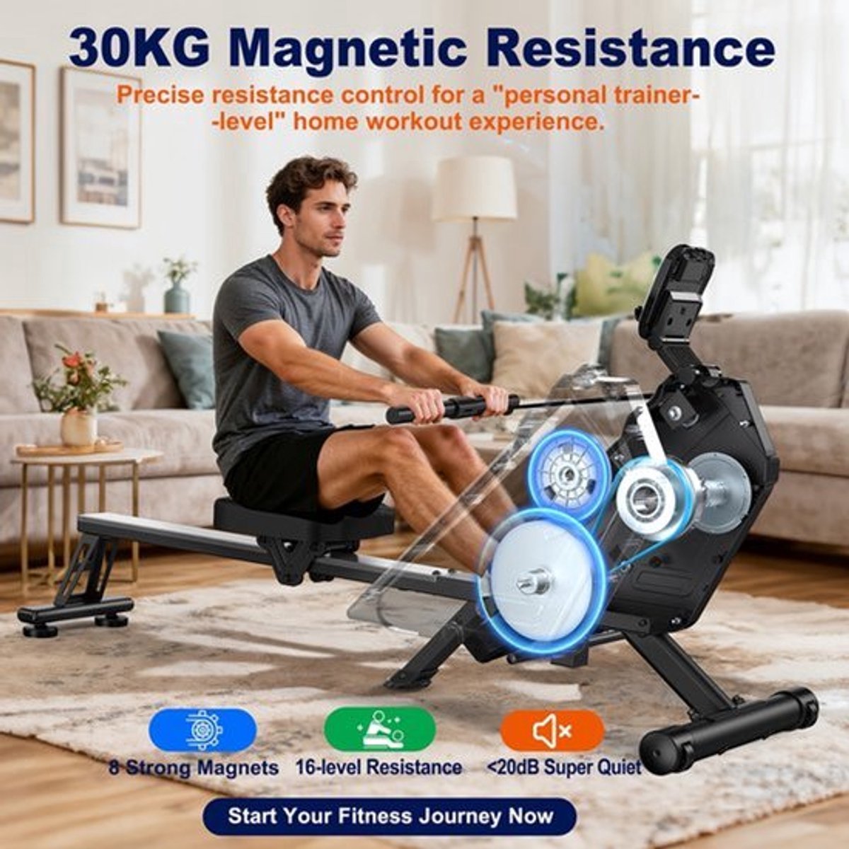 Roeitrainer - Roeimachine - Roeiapparaat - Fitnessapparaat - Inklapbaar - 16 Weerstandsniveaus - Magnetisch Weerstandssysteem - Max. 160 kg Belastbaar (8721577522901)
