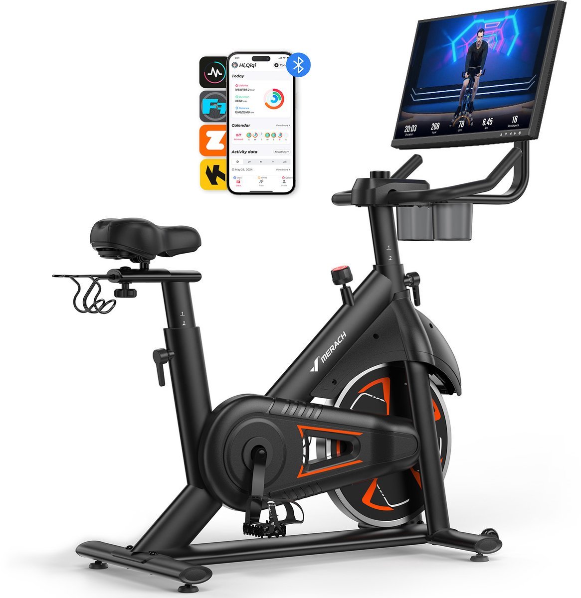 MERACH Smart Hometrainer Fiets - 21,5 Inch Draaibaar FHD Scherm - 16 Automatische Magnetische Weerstanden - Zwift & Kinomap - Max 150kg (6979498434991)