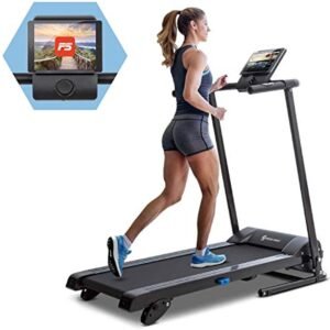 Opvouwbare loopband met 36cm breed loopvlak en helling, 10 km/h, calorieteller, polssensor en bluetooth app (6153904031015)