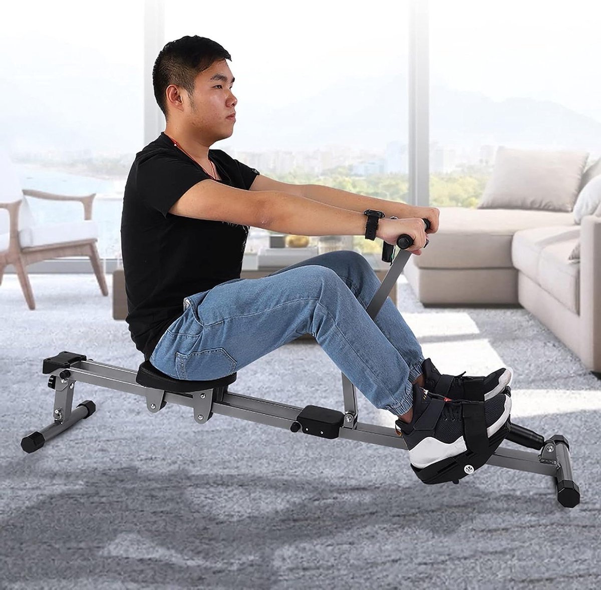 Roeitrainer Staal - Cardio Trainer - Thuis Sporten - 12 Weerstandsniveaus - 103 x 35 x 22 cm - Zwart (9101228012583)