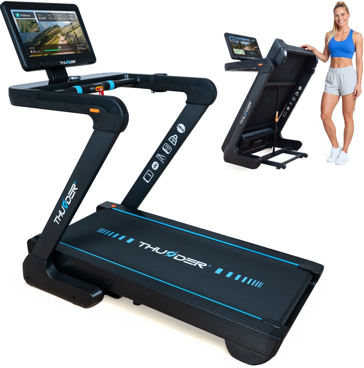 THUNDER Loopband - 4 HP - 21,5" Android TFT Touchscreen - 20 km/u - 25 hellingsniveaus - 180 kg - THUNDER ELION-S-TFT-BLACK (5906765566117)