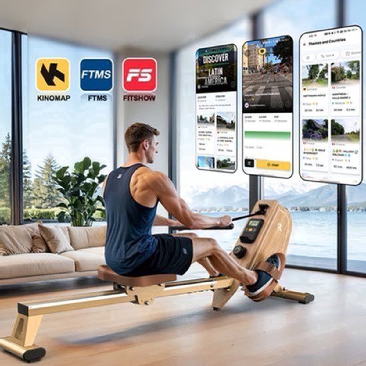 Roeitrainer - Roeimachine - Roeiapparaat - Fitnessapparaat - Waterroeier - Magnetische Weerstand - Draagvermogen 150 kg - Draadloze Monitor - Compact - Verticale Opslag (9113779643956)